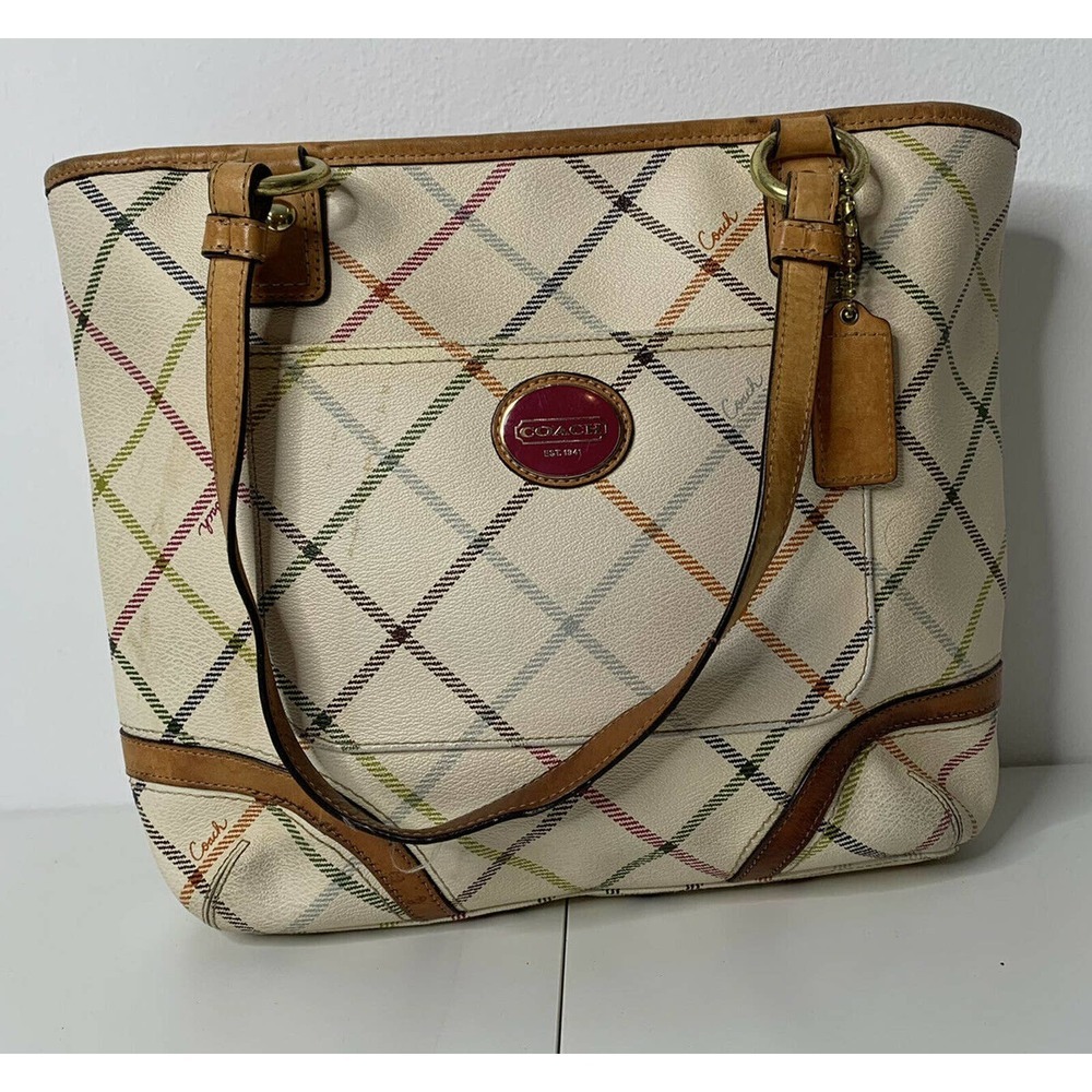 COACH Leather Plaid Patterned Logo Shoulder Bag